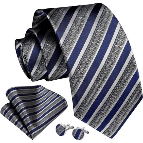Mens Ties Stripe Tie and Pocket Square Set Classic Formal Woven Neckties - Picture 4 of 6